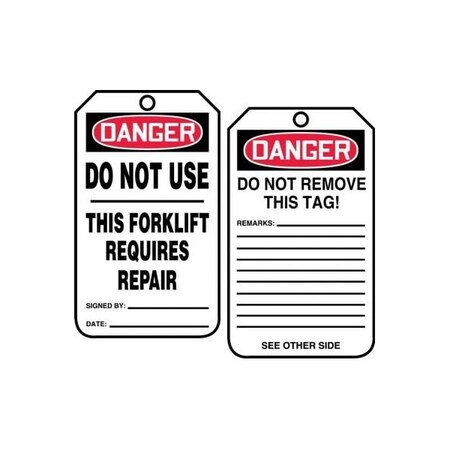Accuform Safety Tags, DANGER DO NOT USE THIS FORKLIFT REQUIRES REPAIR, 5.75in x 3.25in, RP-Plastic, 25PK TRS338PTP